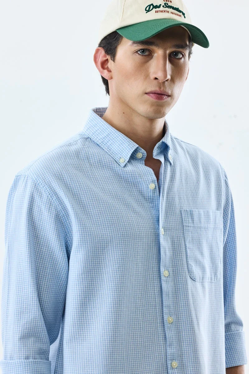 سنيتش Sky Blue Checkered Long Sleeve Regular Fit Shirt
