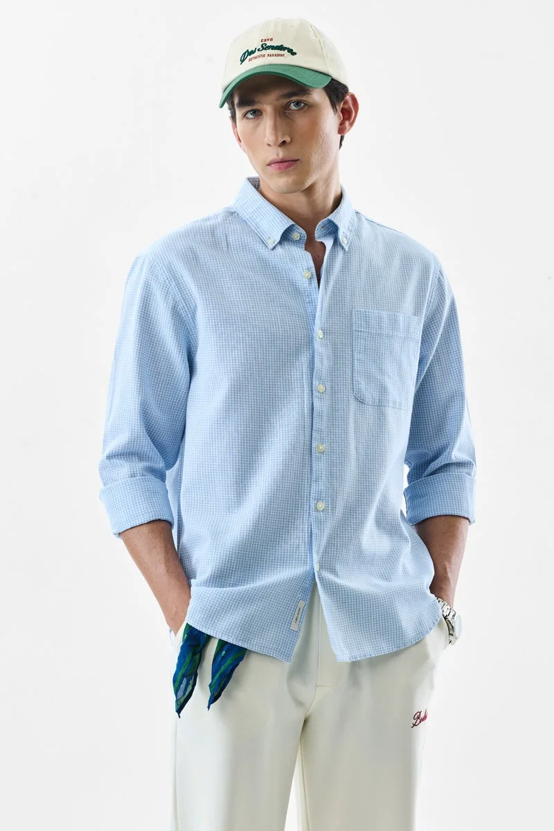 سنيتش Sky Blue Checkered Long Sleeve Regular Fit Shirt