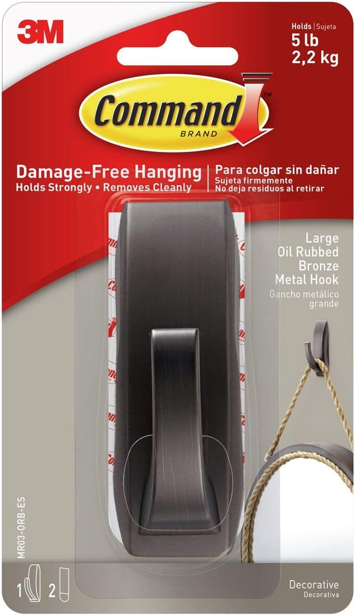 Large Modern Reflections Metal Hook, Holds up to 5 lb, Oil Rubbed Bronze, 1 Wall Hook with 2 Strips, Damage-Free Hanging Hooks for Hanging Decorations in Living Spaces