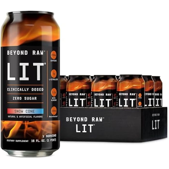 Beyond Raw LIT Pre Workout Energy Drinks - Snow Cone, 12 Pack, Contains Caffeine, L-Citruline, Beta-Alanine and Nitrix Oxide - Image 1