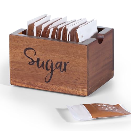 NOOETAH Acacia Sugar Packet Caddy for Coffee Bar, Farmhouse Wood Sugar Holder Packets , Sugar Packet Container, Small Tea Bag Organizer for Office Table,Hotel, Restaurant, Brown Labeled Sugar - Image 1