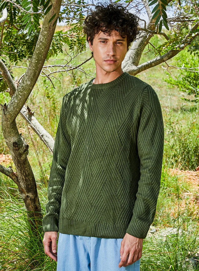 كامبوس سوترا Men's Army Green Basket-Knit Pullover Sweater
