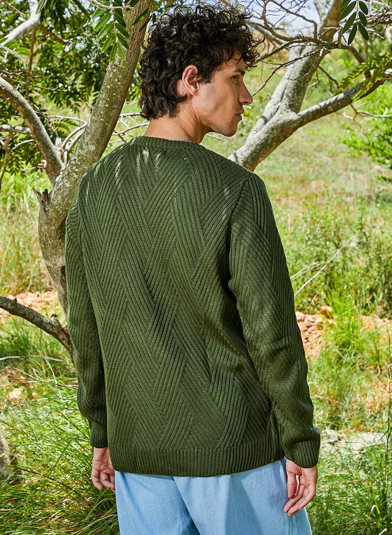 كامبوس سوترا Men's Army Green Basket-Knit Pullover Sweater