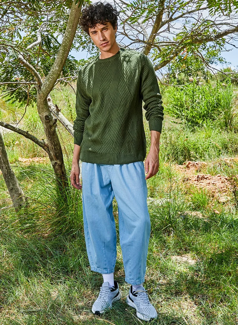 كامبوس سوترا Men's Army Green Basket-Knit Pullover Sweater