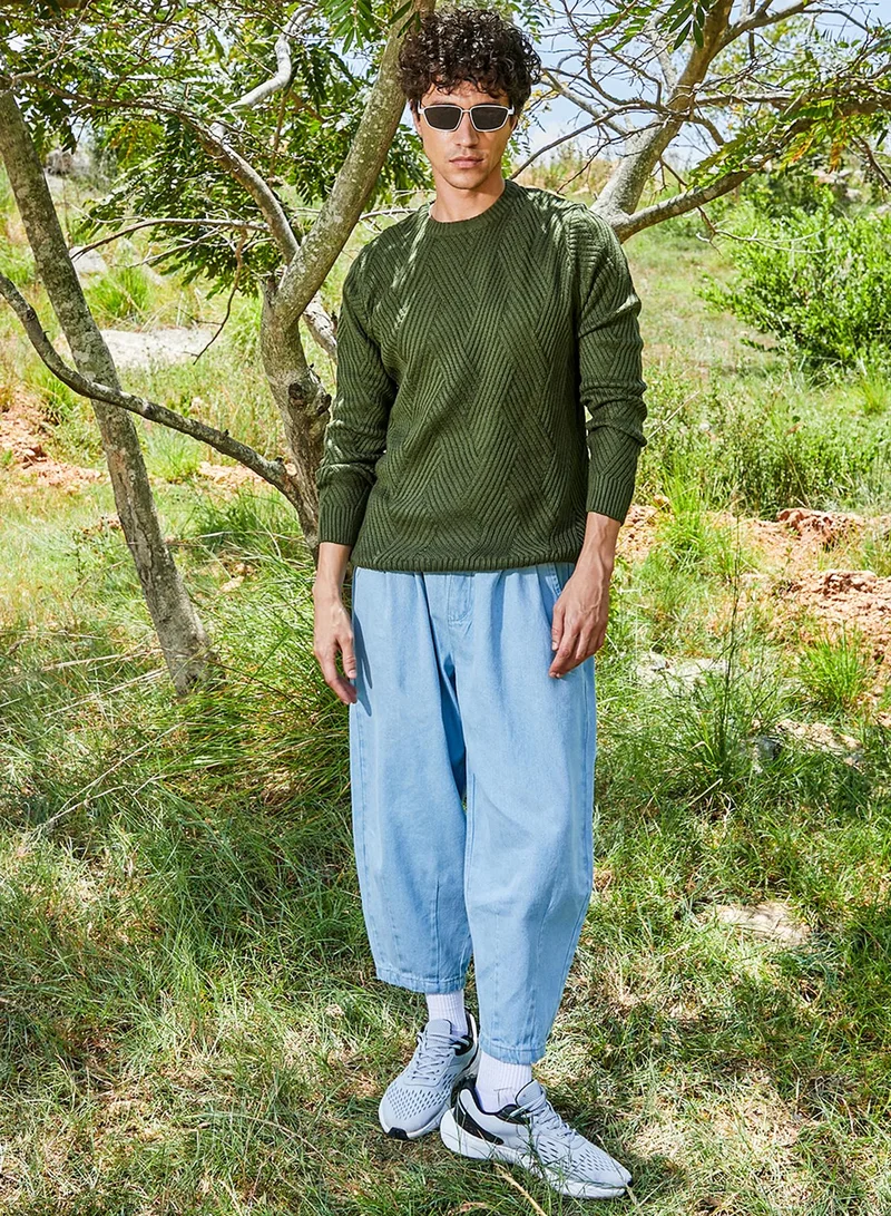 كامبوس سوترا Men's Army Green Basket-Knit Pullover Sweater