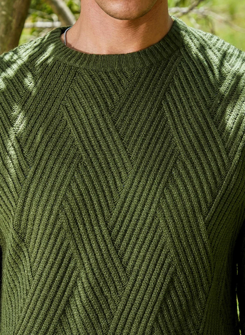 كامبوس سوترا Men's Army Green Basket-Knit Pullover Sweater
