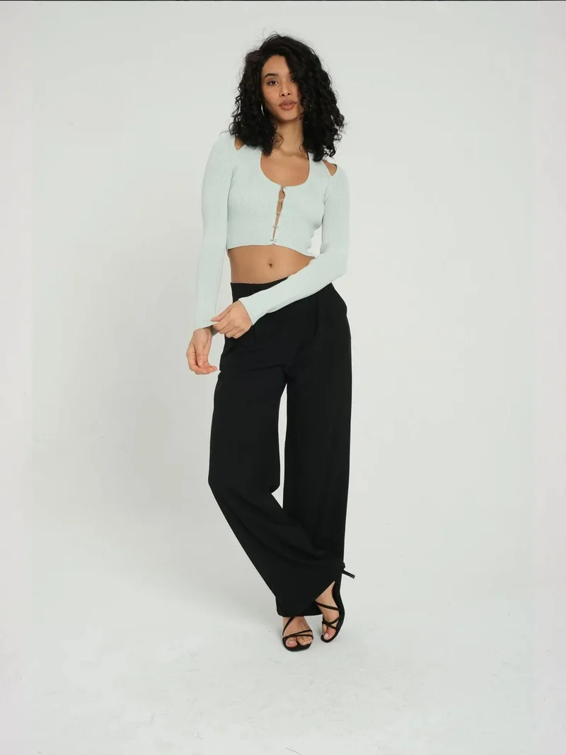 HICCUP Scoop Neck Accessorized Cropped Cardigan with a Back Cut out