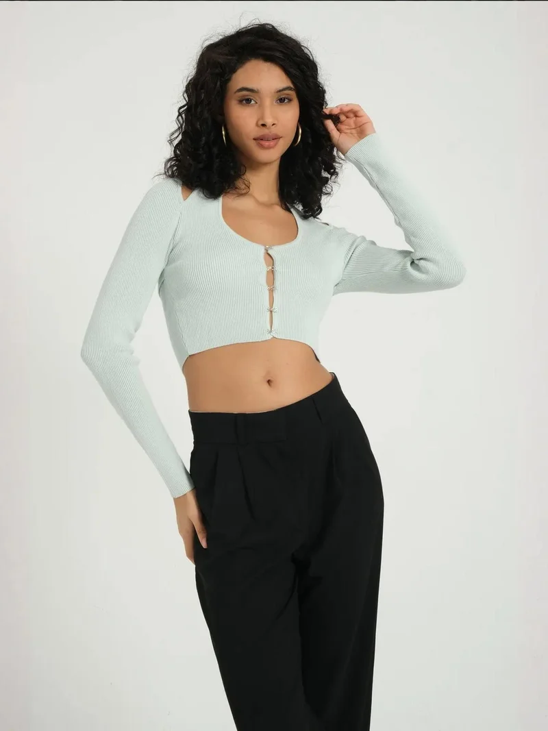 HICCUP Scoop Neck Accessorized Cropped Cardigan with a Back Cut out