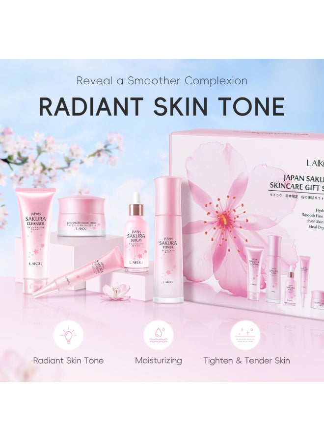 LAIKOU Sakura Skincare Set - 5-Piece Set with Cleanser, Toner, Serum, Eye Cream, and Essence Cream for Hydrating, Smoothing & Even Skin Tone for All Skin Types - Image 4