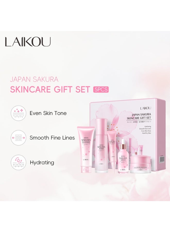 LAIKOU Sakura Skincare Set - 5-Piece Set with Cleanser, Toner, Serum, Eye Cream, and Essence Cream for Hydrating, Smoothing & Even Skin Tone for All Skin Types - Image 5