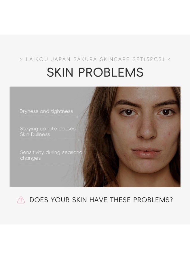 LAIKOU Sakura Skincare Set - 5-Piece Set with Cleanser, Toner, Serum, Eye Cream, and Essence Cream for Hydrating, Smoothing & Even Skin Tone for All Skin Types - Image 2