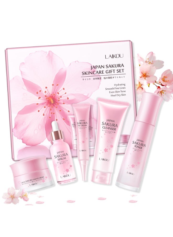 LAIKOU Sakura Skincare Set - 5-Piece Set with Cleanser, Toner, Serum, Eye Cream, and Essence Cream for Hydrating, Smoothing & Even Skin Tone for All Skin Types - Image 1