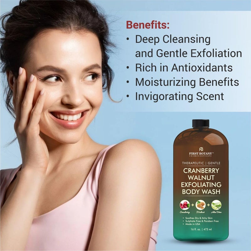 First Botany All Natural Body Wash - Fights Body Odor, Athleteâ€™s Foot, Jock Itch, Nail Issues, Dandruff, Acne, Eczema, Shower Gel for Women & Men, Skin Cleanser -16 Fl Oz (Cranberry Walnut) - Image 3
