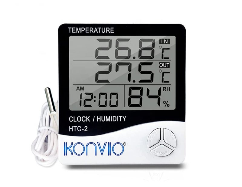 KONVIO HTC-02 Room Temperature with Humidity Meter and Plastic Digital Clock with Alarm,and Sensor Cable Wall Mount or Table Top. - Image 1