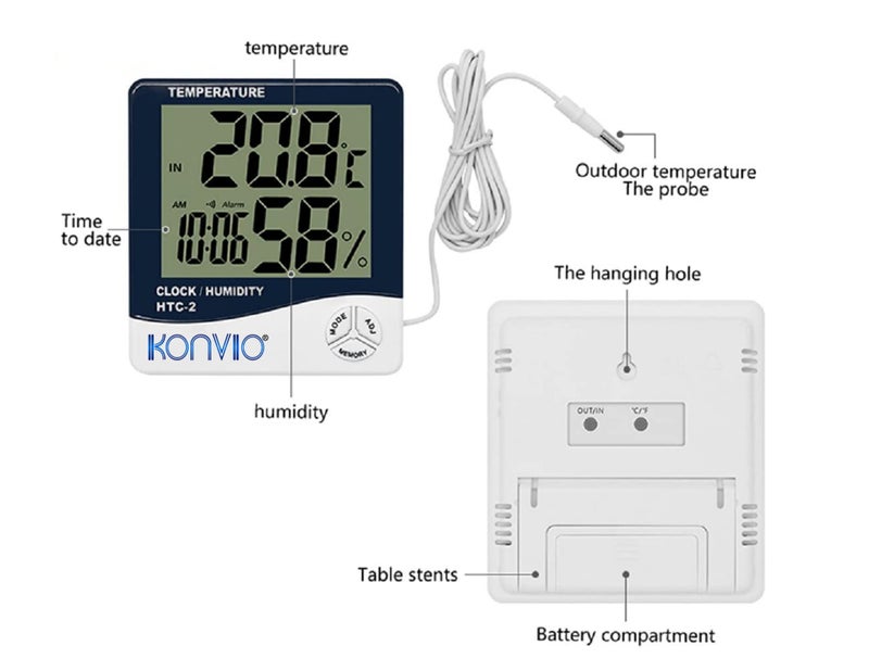 KONVIO HTC-02 Room Temperature with Humidity Meter and Plastic Digital Clock with Alarm,and Sensor Cable Wall Mount or Table Top. - Image 2