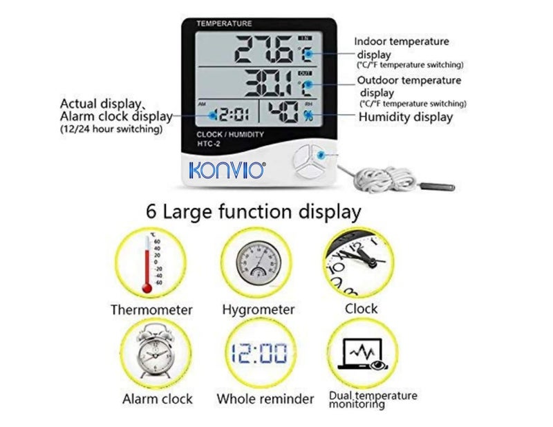 KONVIO HTC-02 Room Temperature with Humidity Meter and Plastic Digital Clock with Alarm,and Sensor Cable Wall Mount or Table Top. - Image 3