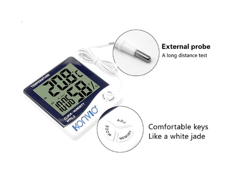 KONVIO HTC-02 Room Temperature with Humidity Meter and Plastic Digital Clock with Alarm,and Sensor Cable Wall Mount or Table Top. - Image 5