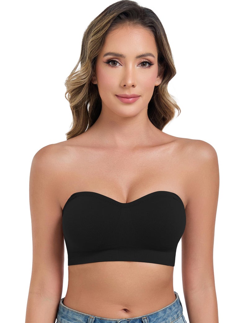 ANGOOL Strapless Bras for Women Wirefree Non-Slip Tube Top Invisible Bralette Seamless Padded Bandeau Bra, Black, L - Image 1