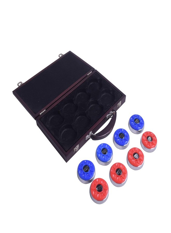 Hathaway Pro-Series Shuffleboard Puck Set – Set of 8 Regulation 2.312-in Pucks with Dimpled Tops, Beveled Edges & Wooden Storage Case – Red/Blue - Image 1