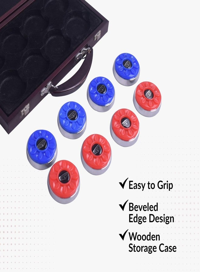 Hathaway Pro-Series Shuffleboard Puck Set – Set of 8 Regulation 2.312-in Pucks with Dimpled Tops, Beveled Edges & Wooden Storage Case – Red/Blue - Image 4
