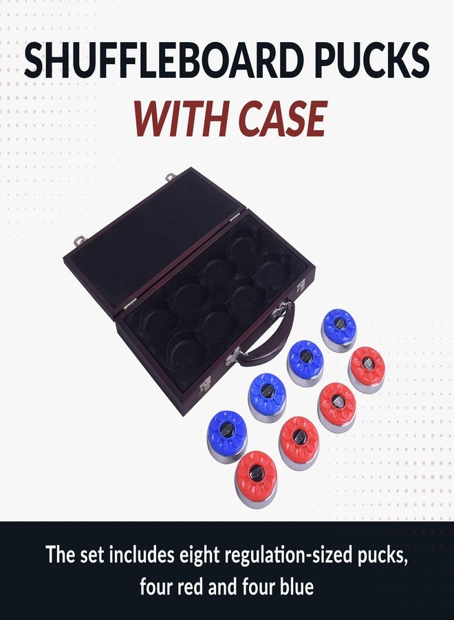 Hathaway Pro-Series Shuffleboard Puck Set – Set of 8 Regulation 2.312-in Pucks with Dimpled Tops, Beveled Edges & Wooden Storage Case – Red/Blue - Image 3
