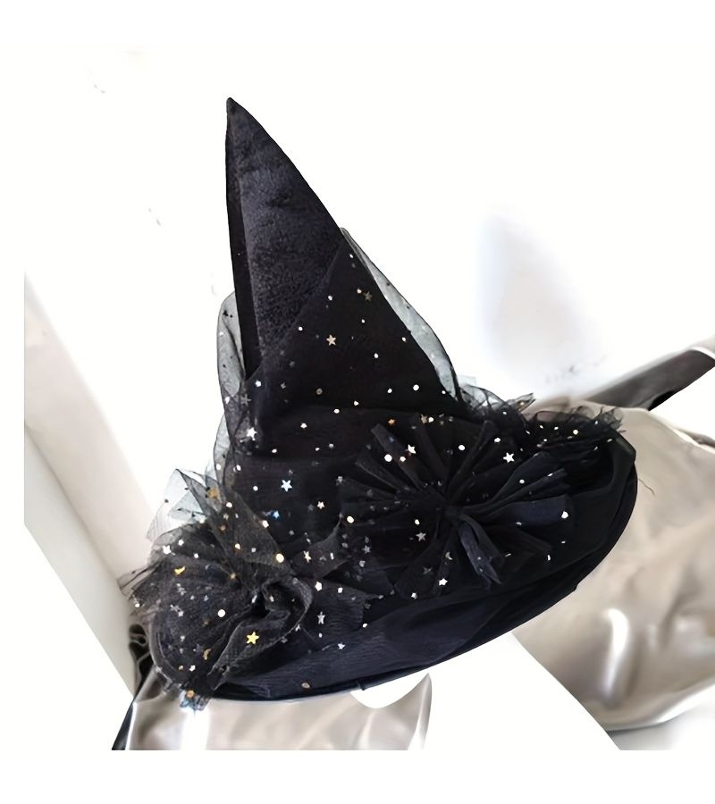 New Halloween Witch Hat With Lace Trim Stars Moons Flowers Black - Image 1