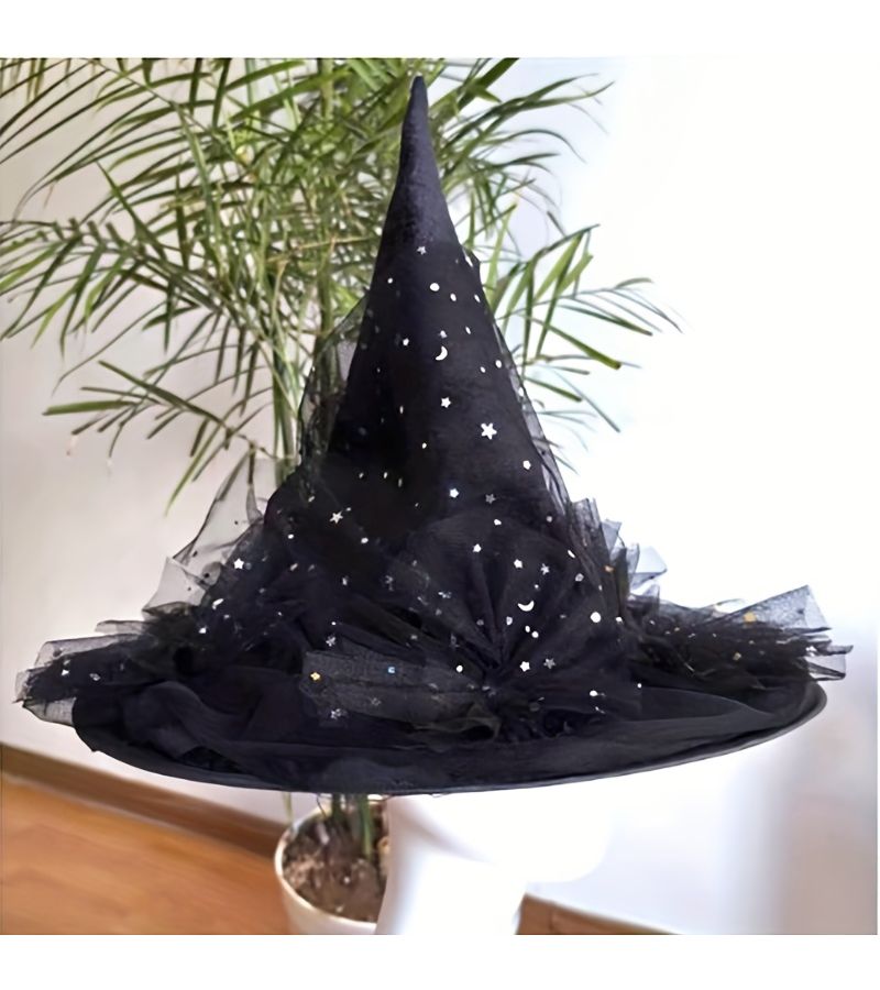 New Halloween Witch Hat With Lace Trim Stars Moons Flowers Black - Image 2