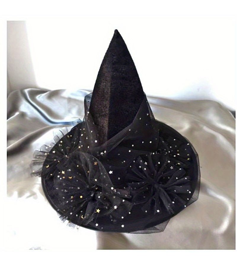 New Halloween Witch Hat With Lace Trim Stars Moons Flowers Black - Image 4