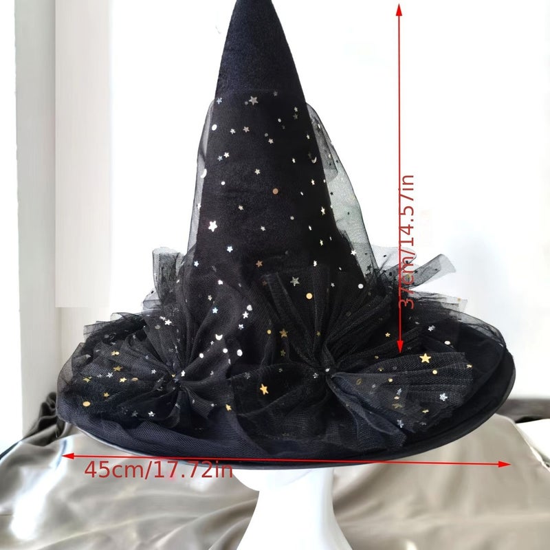 New Halloween Witch Hat With Lace Trim Stars Moons Flowers Black - Image 3