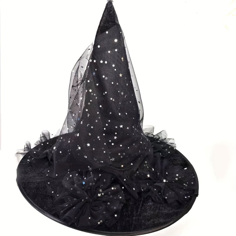 New Halloween Witch Hat With Lace Trim Stars Moons Flowers Black - Image 5