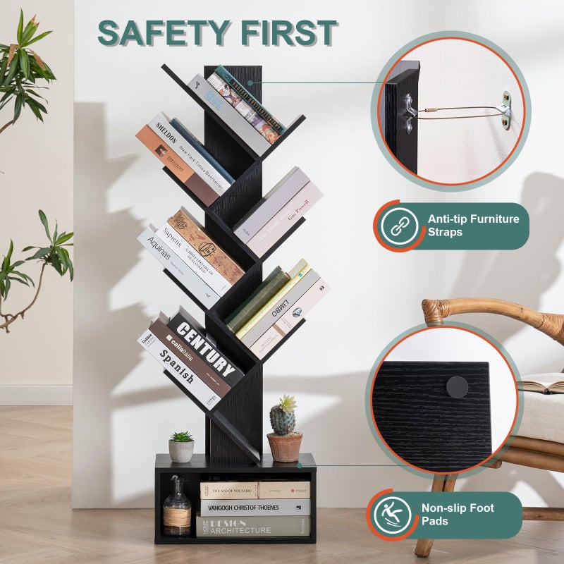 Yoobure Tree Bookshelf, 6 Tier Small Book Shelf Retro Floor Standing Bookcase, Wood Book Storage Organizer Rack, Tall Narrow Bookshelves for Corner/Bedroom/Living Room/Home Office, Black - Image 3