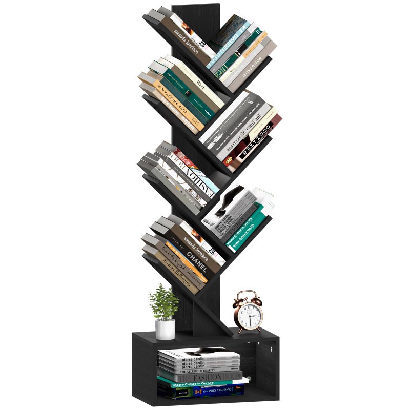 Yoobure Tree Bookshelf, 6 Tier Small Book Shelf Retro Floor Standing Bookcase, Wood Book Storage Organizer Rack, Tall Narrow Bookshelves for Corner/Bedroom/Living Room/Home Office, Black - Image 1