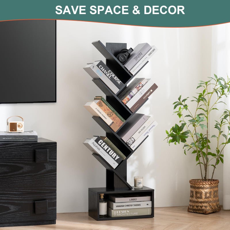 Yoobure Tree Bookshelf, 6 Tier Small Book Shelf Retro Floor Standing Bookcase, Wood Book Storage Organizer Rack, Tall Narrow Bookshelves for Corner/Bedroom/Living Room/Home Office, Black - Image 2