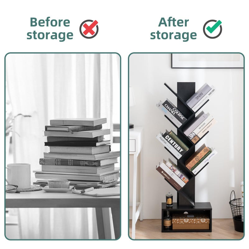 Yoobure Tree Bookshelf, 6 Tier Small Book Shelf Retro Floor Standing Bookcase, Wood Book Storage Organizer Rack, Tall Narrow Bookshelves for Corner/Bedroom/Living Room/Home Office, Black - Image 4