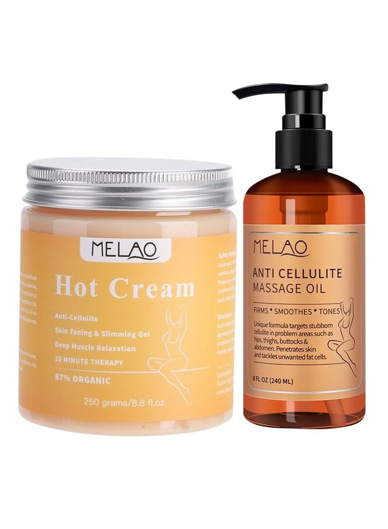 MELAO مجموعة زيت التدليك المضاد للسيلوليت والكريم الساخن، كريم تنحيف الجسم وشد الجسم، زيت السيلوليت وكريم حرق الدهون، كريم ساخن لشد البشرة، مشكل الجسم - Image 1