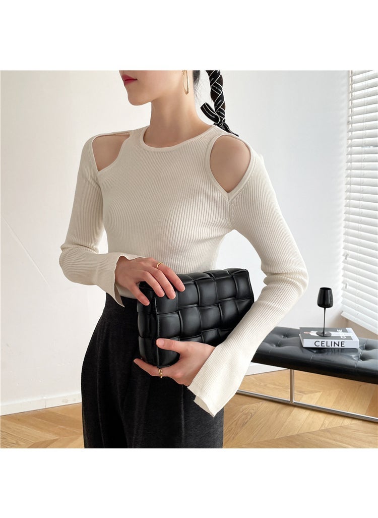 6308 Autumn and Winter New Hong Kong Style Retro Fashionable Round Neck Shoulder Cuff Split Slim Slim Look Thin Base Shirt Sweater Grey - Image 3
