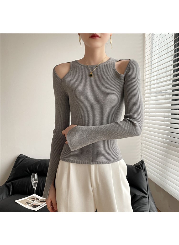 6308 Autumn and Winter New Hong Kong Style Retro Fashionable Round Neck Shoulder Cuff Split Slim Slim Look Thin Base Shirt Sweater Grey - Image 2