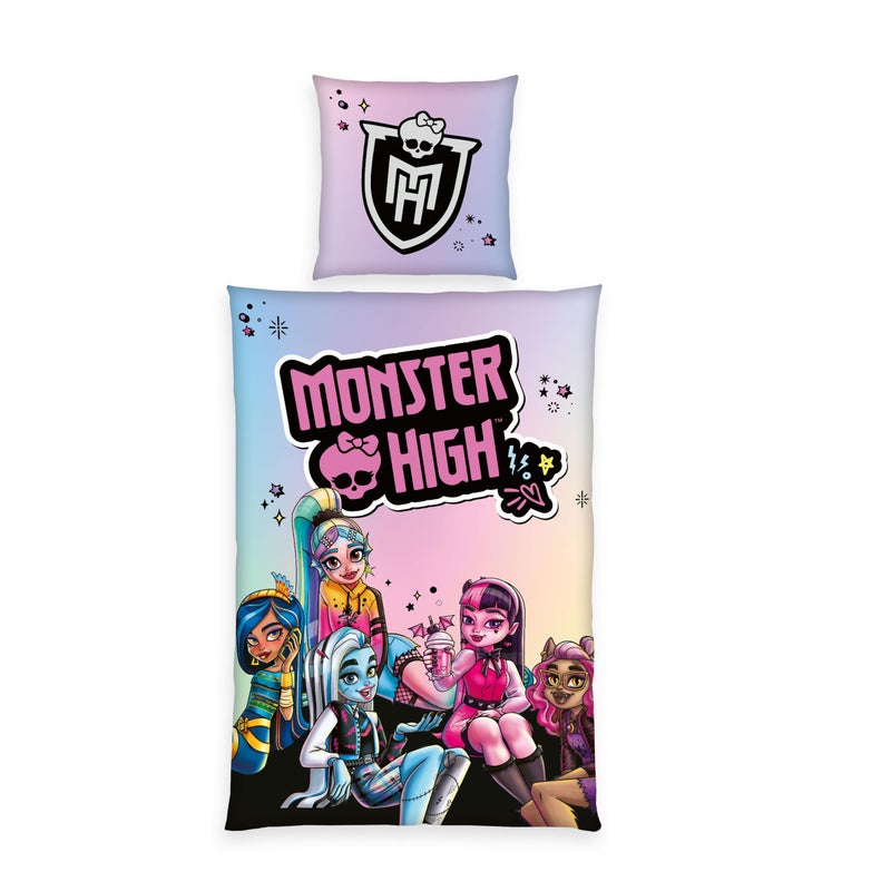 Herding Monster High Bed Linen Pillowcase 80 x 80 cm with Zip and Reversible Motif Duvet Cover 135 x 200 cm with Zip 100 CottonRenforc