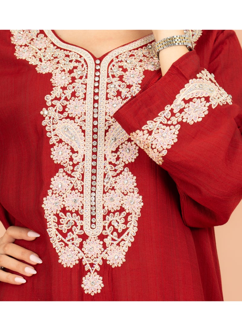 IKKXA Classic Solid Floral Embroidery Crystal Jalabiya - Image 2