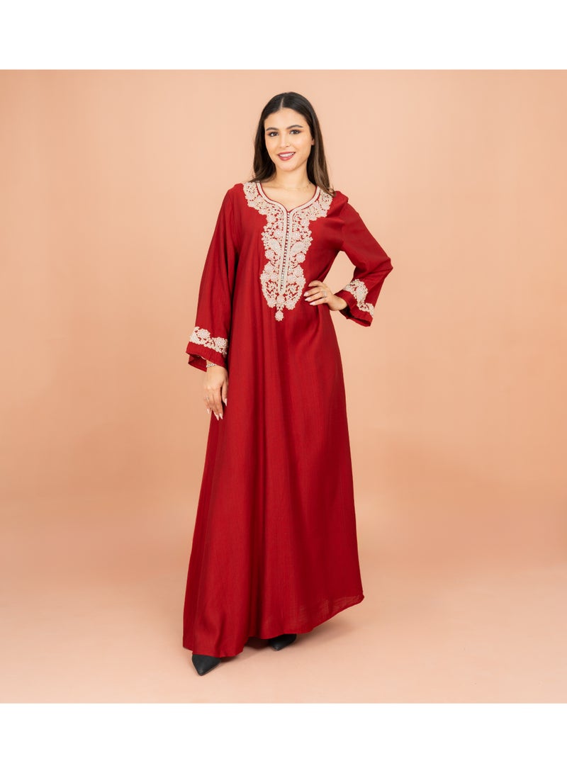 IKKXA Classic Solid Floral Embroidery Crystal Jalabiya - Image 1