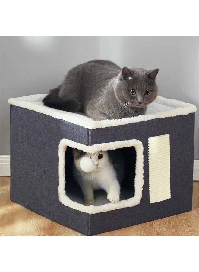 NeoStyle Multifunction Cat House, Indoor Bed, Nest, Foldable Cube Cave, Large Pet Play House With Fluffy Ball Hanging, Scratch Pad and Detachable Storage Box (Corner Opening, Grey)