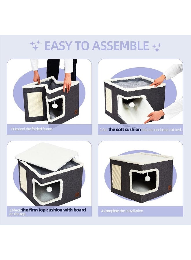 NeoStyle Multifunction Cat House, Indoor Bed, Nest, Foldable Cube Cave, Large Pet Play House With Fluffy Ball Hanging, Scratch Pad and Detachable Storage Box (Corner Opening, Grey) - Image 3