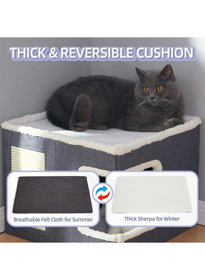 NeoStyle Multifunction Cat House, Indoor Bed, Nest, Foldable Cube Cave, Large Pet Play House With Fluffy Ball Hanging, Scratch Pad and Detachable Storage Box (Corner Opening, Grey) - Image 4