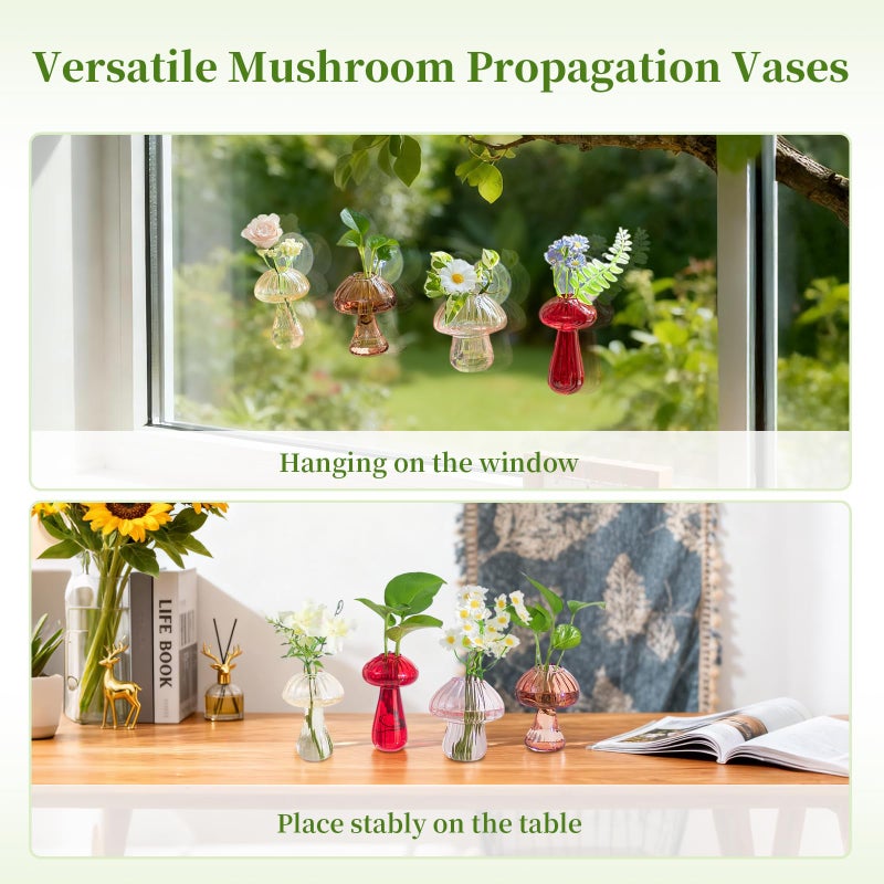 Glasseam Window Propagation Stations  4Pcs Colored Mushroom Propagation Vases With Suckion Cups  Glass Wall Hanging Planter Terrariums For Flowers  Cute Indoor Small Plant Holder Gifts For Women - Image 5