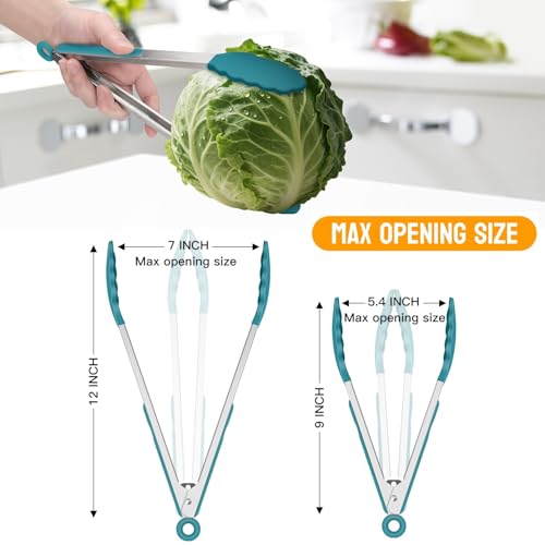 HOTEC Premium Stainless Steel Locking Kitchen Tongs with Silicon Tips, Set of 2-9" and 12", Turquoise - Image 3