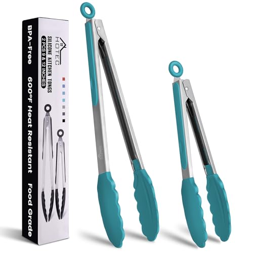 HOTEC Premium Stainless Steel Locking Kitchen Tongs with Silicon Tips, Set of 2-9" and 12", Turquoise - Image 1