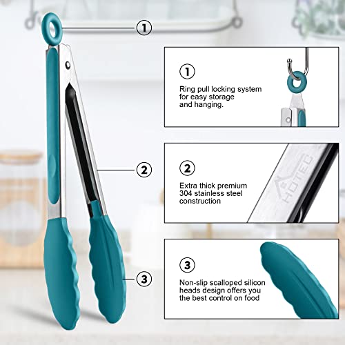 HOTEC Premium Stainless Steel Locking Kitchen Tongs with Silicon Tips, Set of 2-9" and 12", Turquoise - Image 5