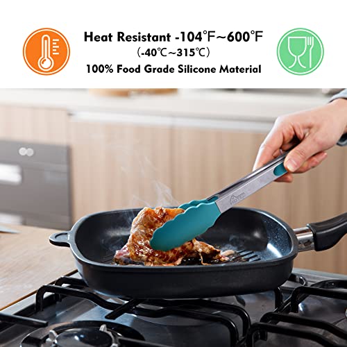 HOTEC Premium Stainless Steel Locking Kitchen Tongs with Silicon Tips, Set of 2-9" and 12", Turquoise - Image 2