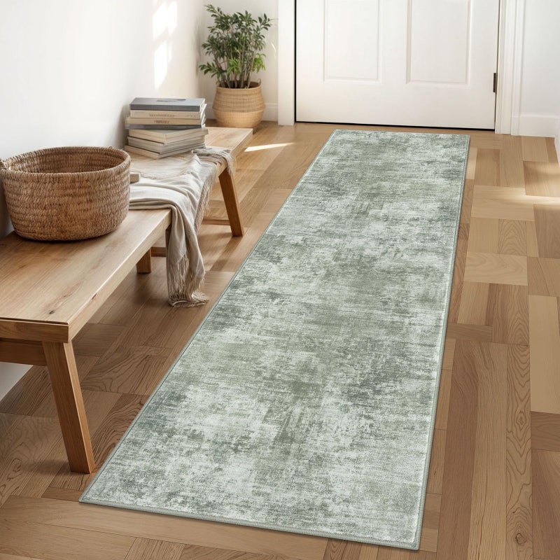 IOHOUZE Abstract Runner Rug 2x6 Ft Washable Runners for Hallways, Non Slip Kitchen Runner Printed Faux Wool Entryway Runner Indoor, Modern Abstract Floor Carpet for Hall Kitchen Bedroom, Sage Green - Image 1