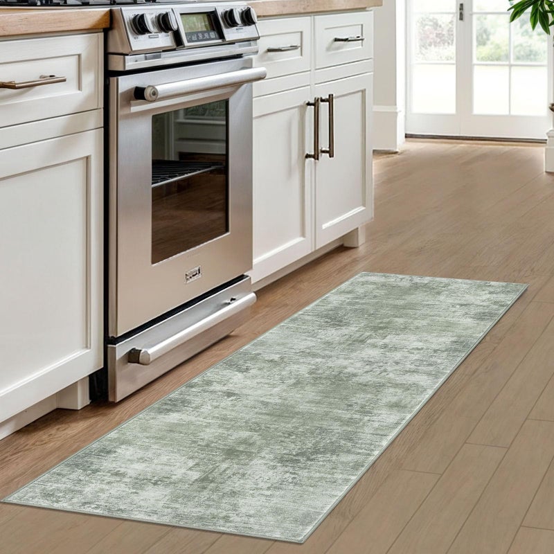 IOHOUZE Abstract Runner Rug 2x6 Ft Washable Runners for Hallways, Non Slip Kitchen Runner Printed Faux Wool Entryway Runner Indoor, Modern Abstract Floor Carpet for Hall Kitchen Bedroom, Sage Green - Image 2